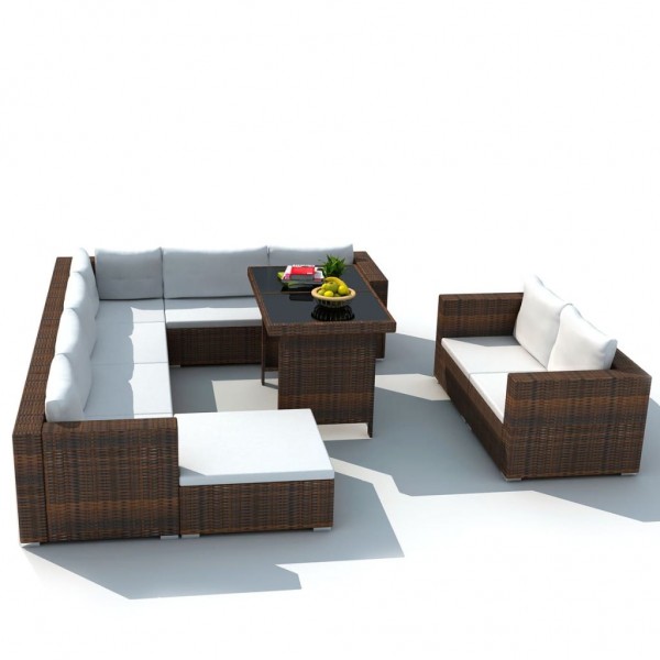 Set móveis de jardim 10 pcs e almofadas ratão sintético marrom D