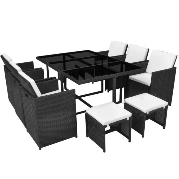 Set comedor de jardín 11 piezas y cojines ratán sintético negro D