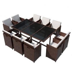 Set comedor de jardín 11 pzas y cojines ratán sintético marrón D