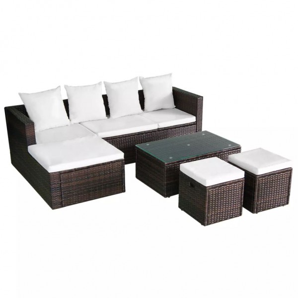 Set muebles de jardín 4 piezas y cojines ratán sintético marrón D