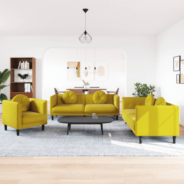 Conjunto de sofás com almofadas 3 peças veludo amarelo D
