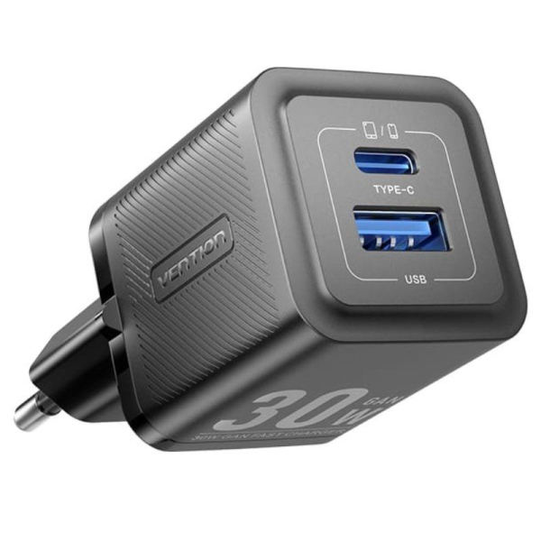 Cargador gan de pared vention feqb0-eu/ 1xusb tipo-c/ 1xusb/ 30w D