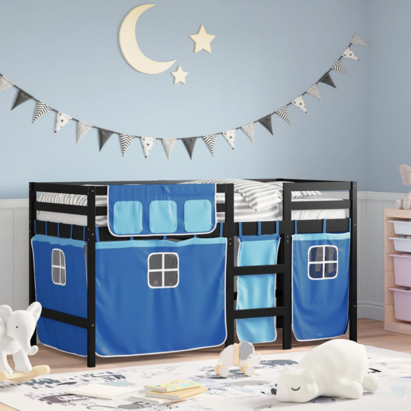 Cama alta para niños con cortinas madera pino azul 90x190 cm D