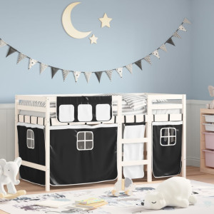 Cama alta infantil com cortinas em madeira de pinho preto e branco 80x200 cm D