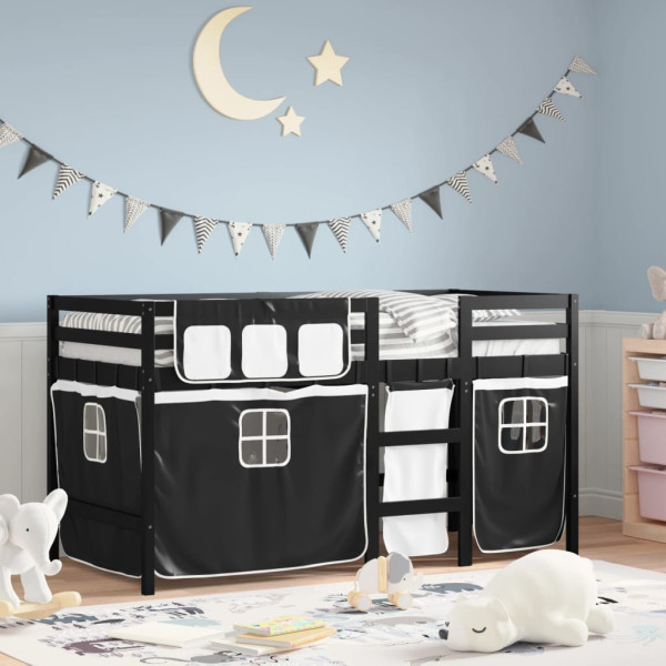 Cama alta niños con cortinas madera pino blanco negro 90x190 cm D