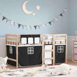 Cama alta infantil com cortinas em madeira de pinho preto e branco 80x200 cm D