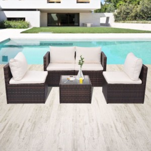 Set muebles de jardín 5 piezas y cojines ratán sintético marrón D