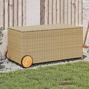 Caja de almacenaje jardín con ruedas ratán PE beige mezcla 190L D