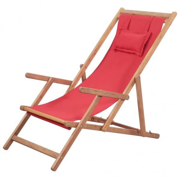 Cadeira de praia dobrável de tecido e estrutura de madeira vermelha D