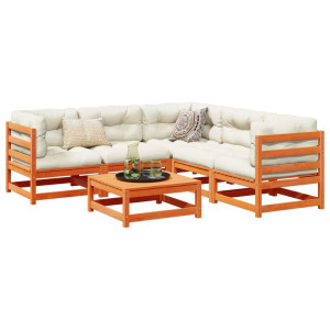 Set de sofás jardín 6 pzas con cojines madera pino marrón cera D