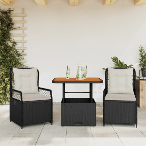 Set comedor de jardín 3 pzas con cojines ratán sintético negro D