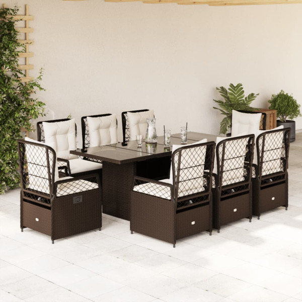 Set comedor para jardín 9 pzas y cojines ratán sintético marrón D