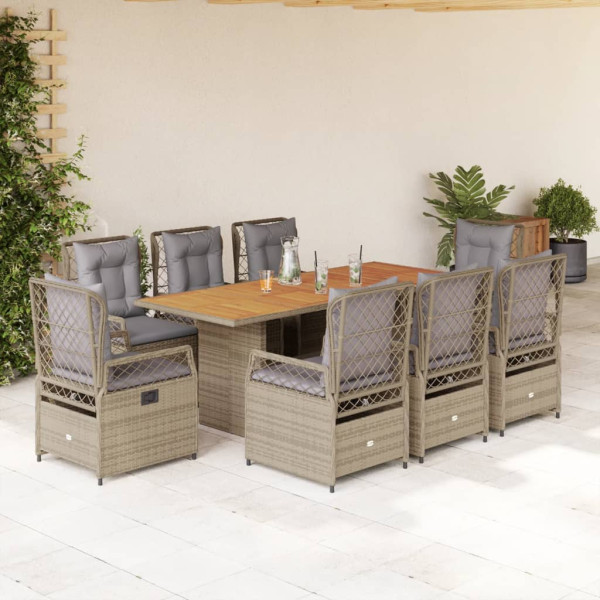 Set comedor de jardín 9 pzas con cojines ratán sintético beige D