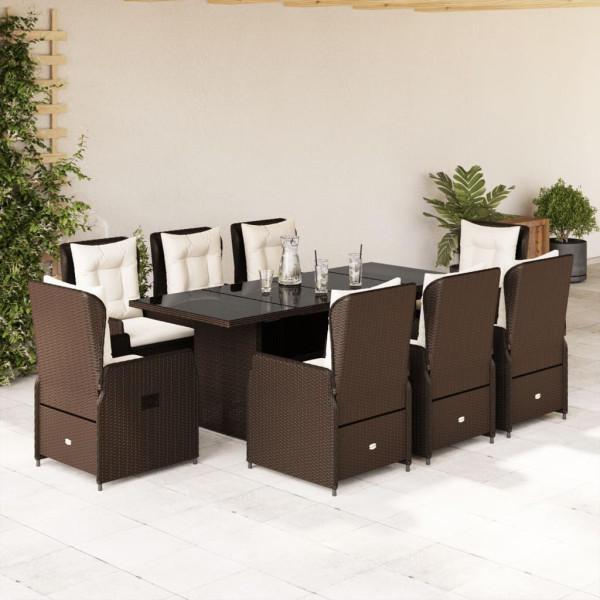 Set comedor para jardín 9 pzas y cojines ratán sintético marrón D