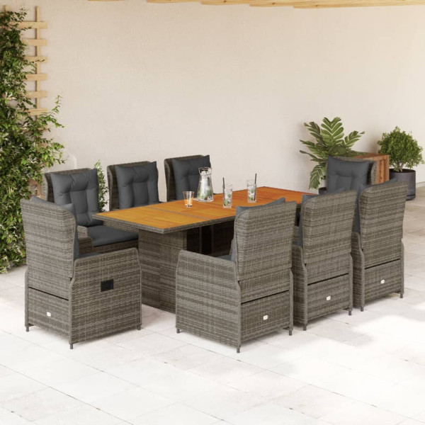 Set comedor jardín 9 pzas y cojines ratán sintético gris D