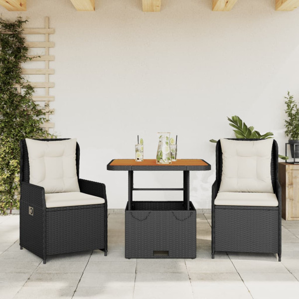 Mesa e cadeiras com almofadas 3 peças em rattan sintético preto D