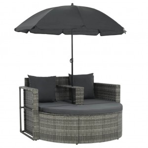 Sofá de jardim 2 lugares com almofadas e guarda-chuva ratão PE cinza D