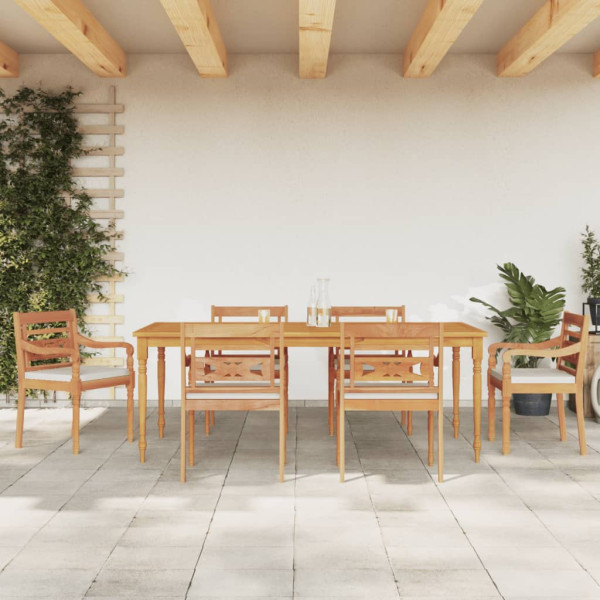 Juego comedor de jardín 7 pzas con cojines blancos madera teca D