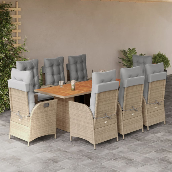 Set comedor de jardín 9 pzas con cojines ratán sintético beige D