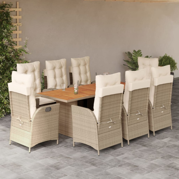 Set Jardim de jantar 9 pts com almofadas ratão sintético beige D