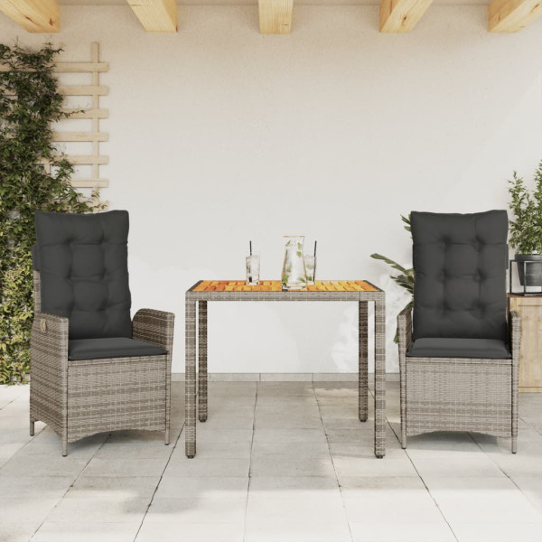 Set comedor de jardín 3 piezas con cojines ratán sintético gris D