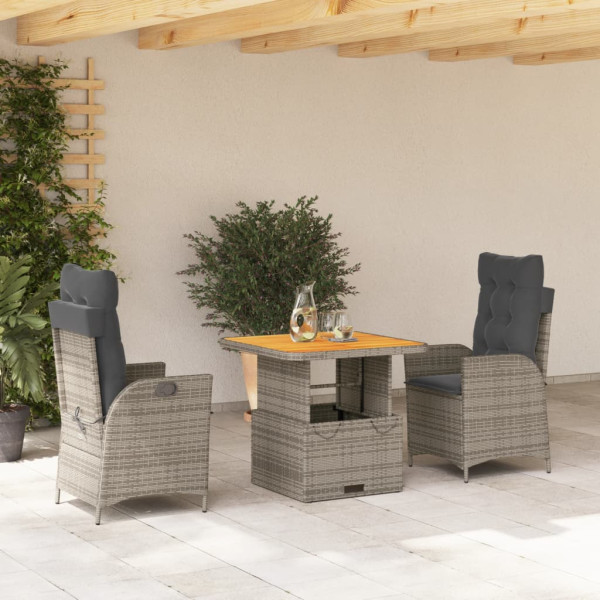 Set comedor de jardín 3 piezas con cojines ratán sintético gris D