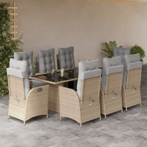 Set comedor de jardín 9 pzas con cojines ratán sintético beige D