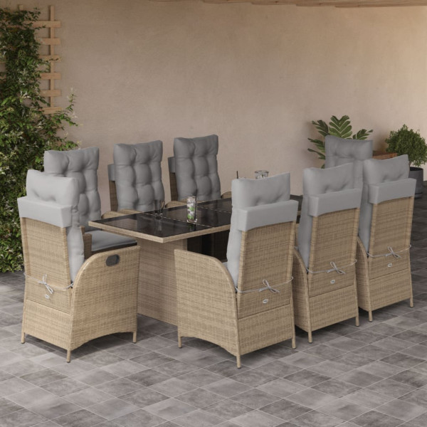 Set comedor de jardín 9 pzas con cojines ratán sintético beige D