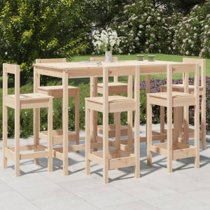 Set de mesa y taburetes altos jardín 7 pzas madera maciza pino D