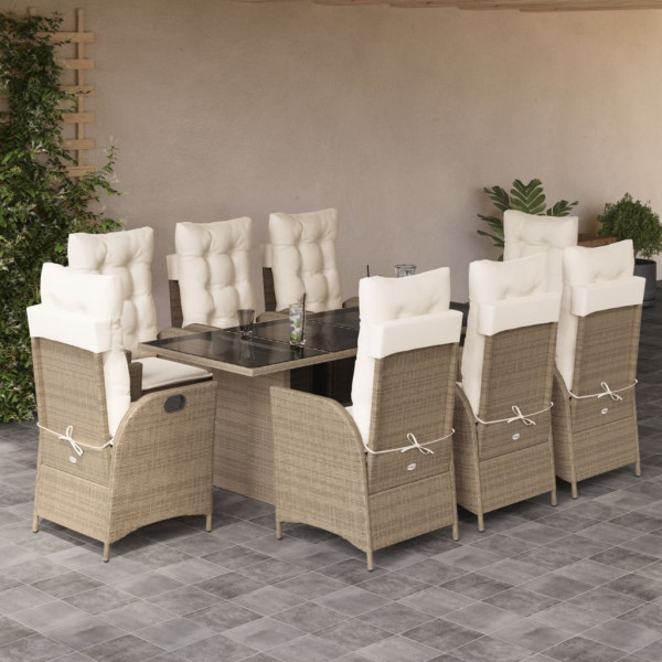 Set Jardim de jantar 9 pts com almofadas ratão sintético beige D