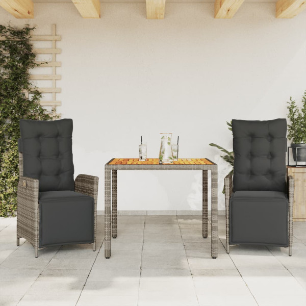 Set comedor de jardín 3 piezas con cojines ratán sintético gris D