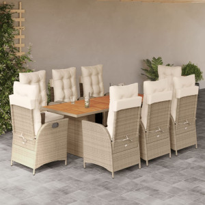 Set comedor de jardín 9 pzas con cojines ratán sintético beige D