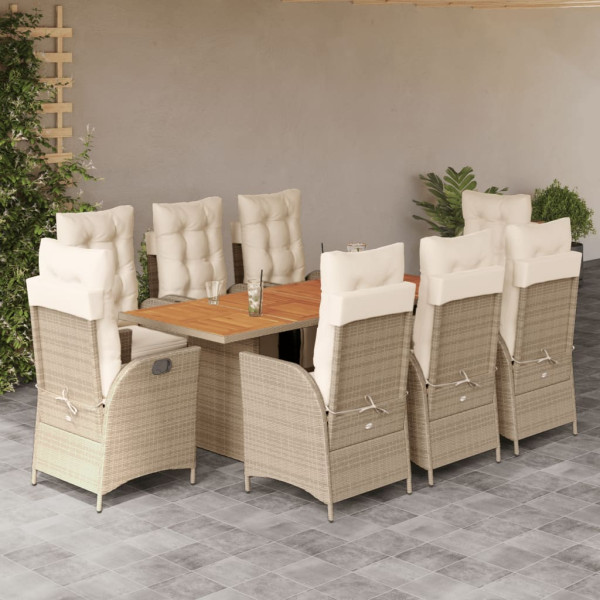 Set Jardim de jantar 9 pts com almofadas ratão sintético beige D