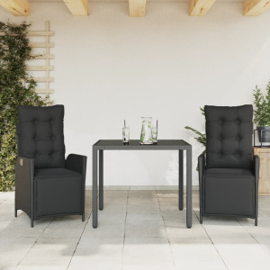 Set comedor de jardín 3 pzas con cojines ratán sintético negro D