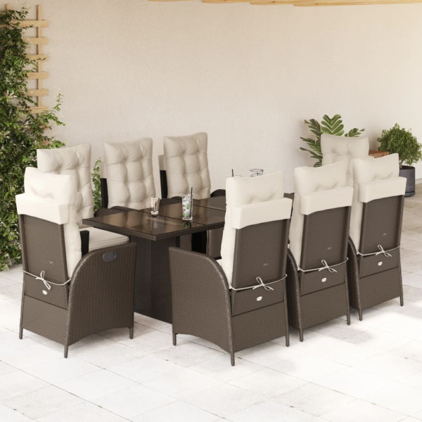 Set comedor para jardín 9 pzas y cojines ratán sintético marrón D