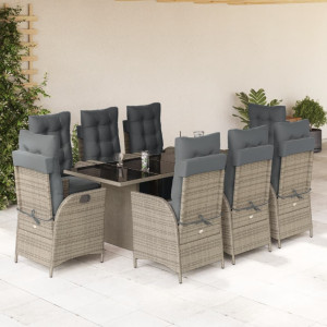 Set comedor jardín 9 pzas y cojines ratán sintético gris D