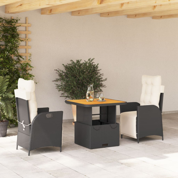 Set comedor de jardín 3 pzas con cojines ratán sintético negro D