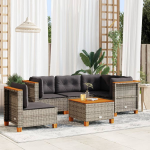 Set de muebles de jardín 6 pzas y cojines ratán sintético gris D