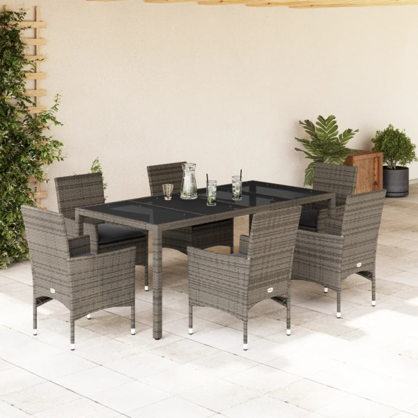 Set comedor jardín 7 pzas y cojines ratán sintético vidrio gris D