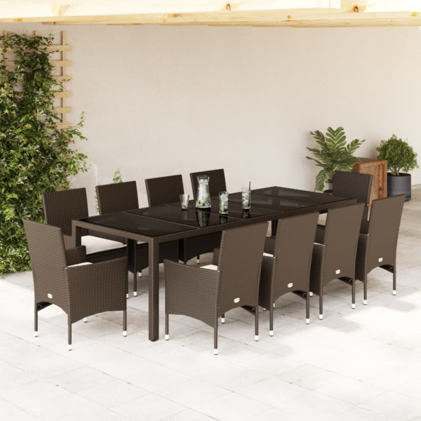 Set comedor jardín 11 pzas con cojines ratán PE vidrio marrón D