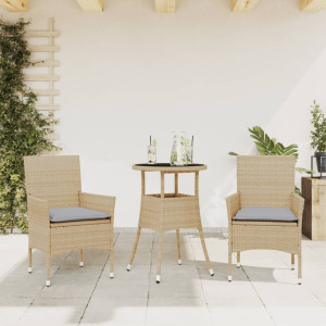 Set comedor jardín 3 pzas cojines ratán sintético vidrio beige D