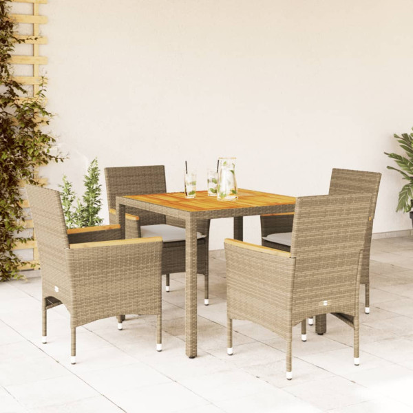 Set de comedor jardín 5 pzas con cojines ratán PE acacia beige D