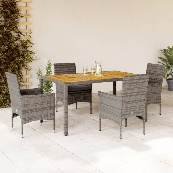 Set de comedor jardín 5 pzas con cojines ratán PE acacia gris D