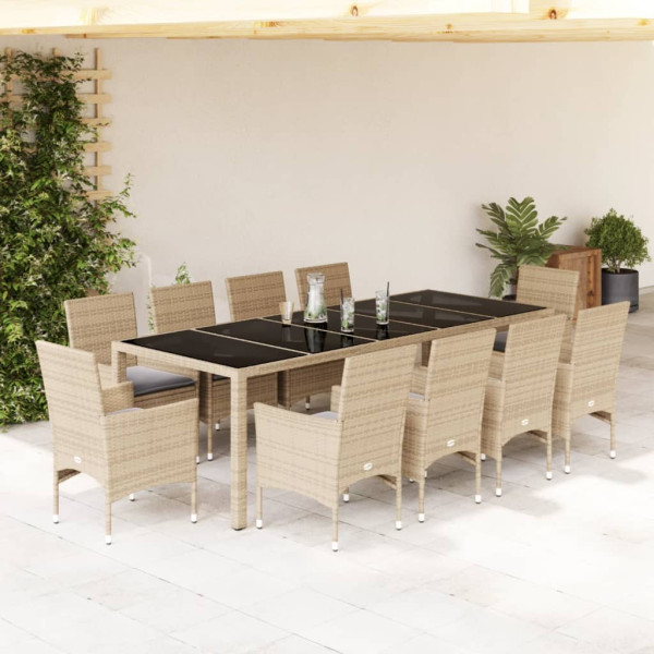 Set comedor jardín 11 pzas cojines ratán sintético vidrio beige D