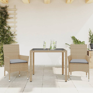 Set comedor jardín 3 pzas cojines ratán sintético vidrio beige D