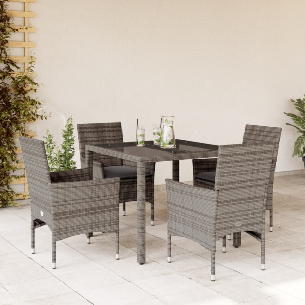 Set comedor jardín 5 pzas y cojines ratán sintético vidrio gris D