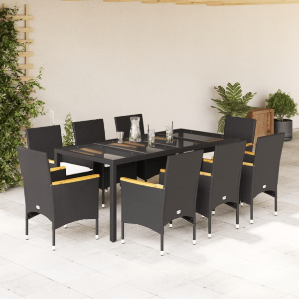 Set comedor jardín 9 pzas cojines ratán sintético vidrio negro D