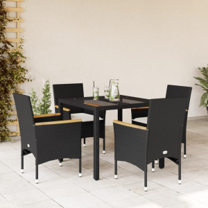 Set comedor jardín 5 pzas cojines ratán sintético vidrio negro D