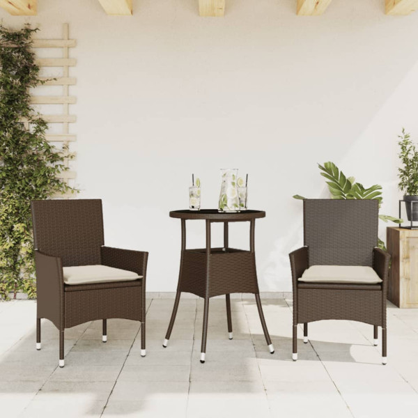 Set comedor jardín 3 pzas cojines ratán sintético vidrio marrón D