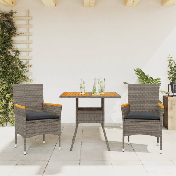 Set de comedor jardín 3 pzas con cojines ratán PE acacia gris D